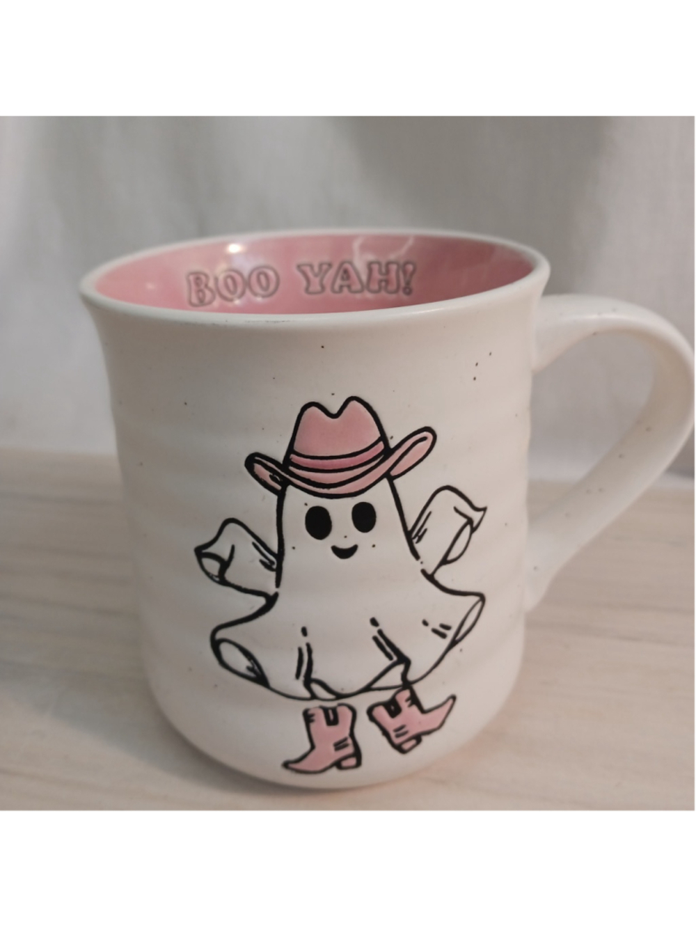 Cobwebs & Cauldrons White Speckled Boo Yah! Cowgirl Ghost Coffee Mug Matte Large